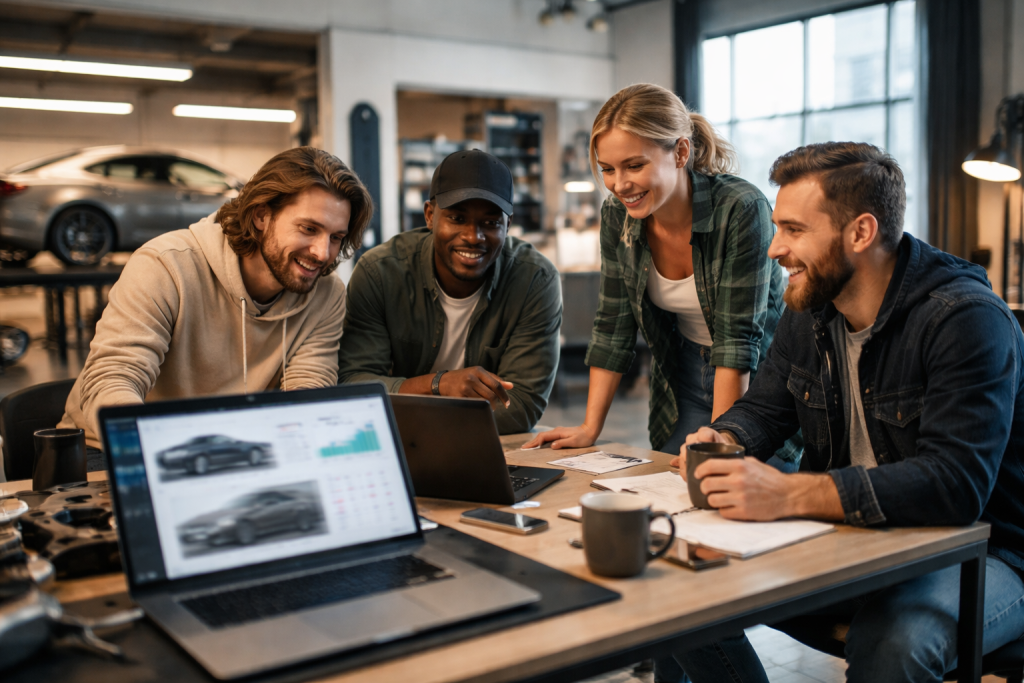Uformelt kontor- eller garage-/studiemiljø med et lille team af bilnørder omkring bærbare computere, skærme med bilbilleder og måske en bil i baggrunden, der signalerer dansk, digitalt motorunivers.