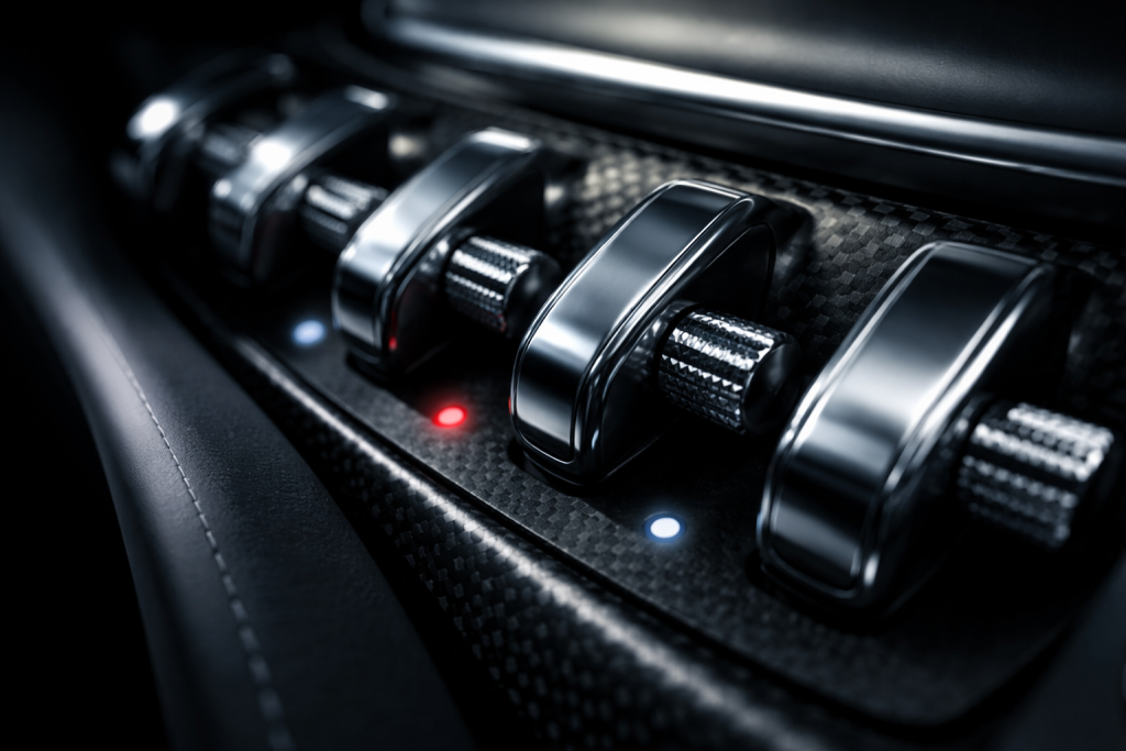 Detaljebillede til features: makrofoto af bilteknik – fx motorrum eller infotainmentskærm med bilindstillinger – i skarpt, teknisk look, der understøtter tech- og nørdeprofilen.