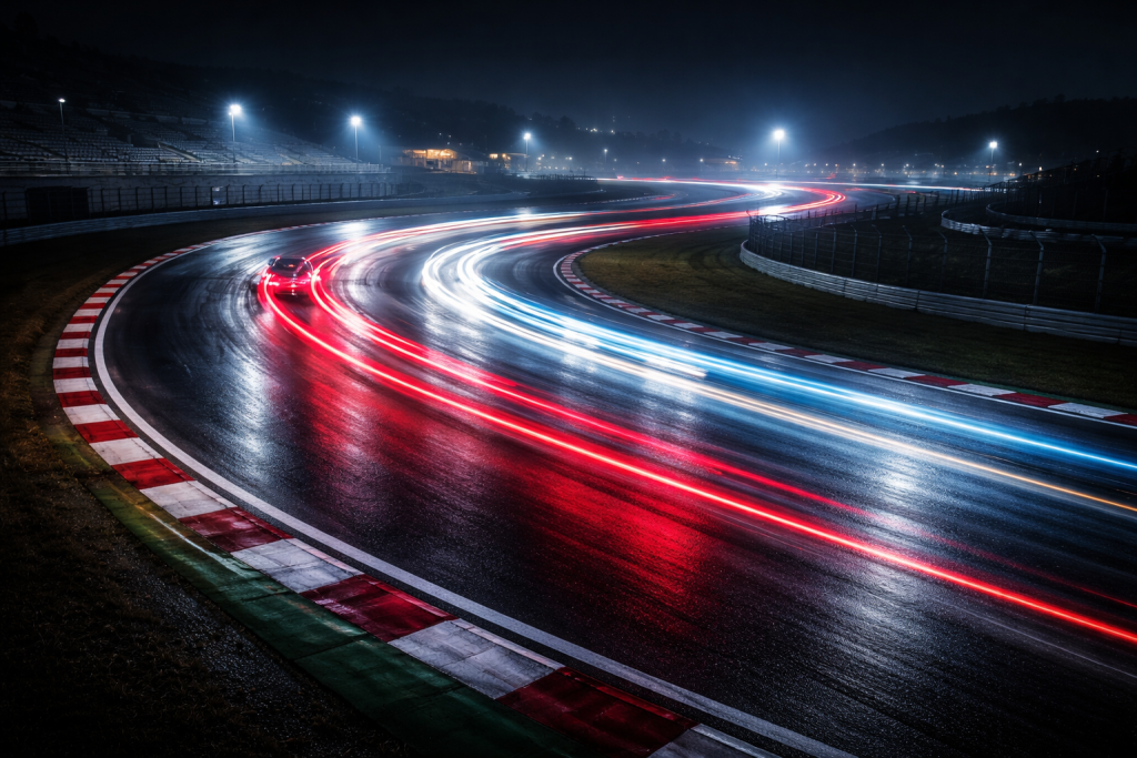 Sekundær hero til undersider: natlig stemning på en racerbane eller trackday i dæmpet lys, med fokus på banen og lysspor fra biler – ideel til motorsport-, tuning- og performanceindhold.