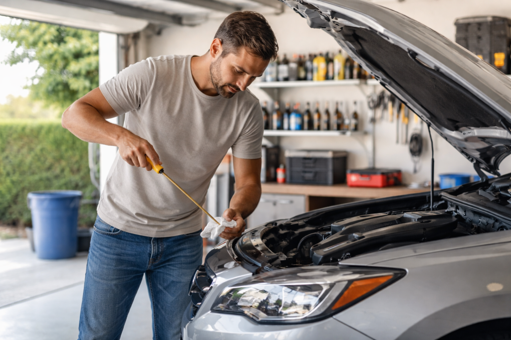 Servicebillede til bilguides/vedligeholdelse: velbelyst, ryddelig garage hvor en bilejer selv tjekker olie/dæktryk på en almindelig bil – fokus på praktisk hjælp og gør-det-selv uden beskidte værksteder.